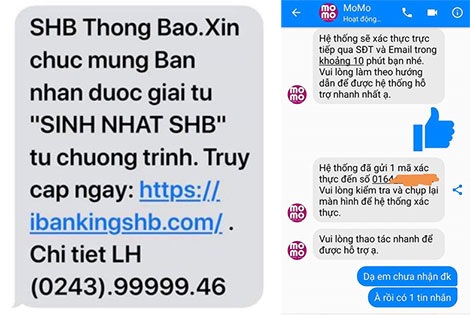 Một tin nhắn thông báo trúng thưởng chứa đường link giả mạo Ngân hàng SHB được gửi đến khách hàng (bìa trái); Fanpage giả của một ví điện tử do đối tượng lừa đảo lập ra.