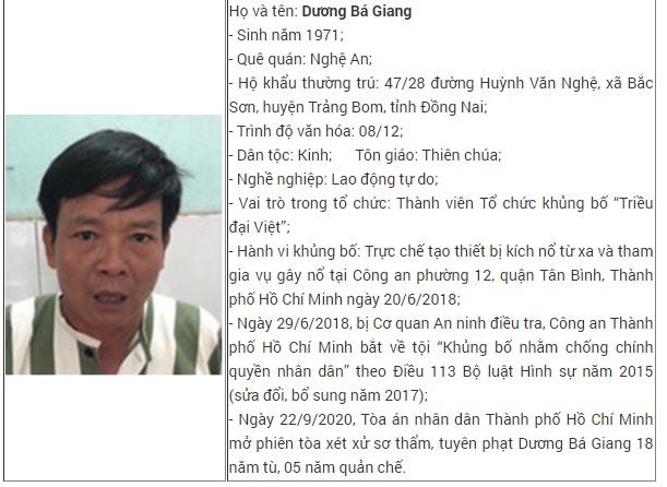 Dương Bá Giang - một trong những đối tượng của tổ chức khủng bố Triều đại Việt đã trực tiếp tham gia vụ gây nổ tại Công an Phường 12, quận Tân Bình, TPHCM tháng 6/2018. Ảnh: Cổng TTĐT Bộ Công an