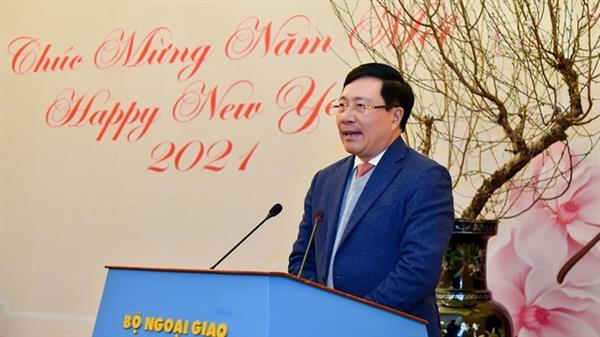 Phó Thủ tướng, Bộ trưởng Ngoại giao Phạm Bình Minh phát biểu tại buổi gặp mặt.