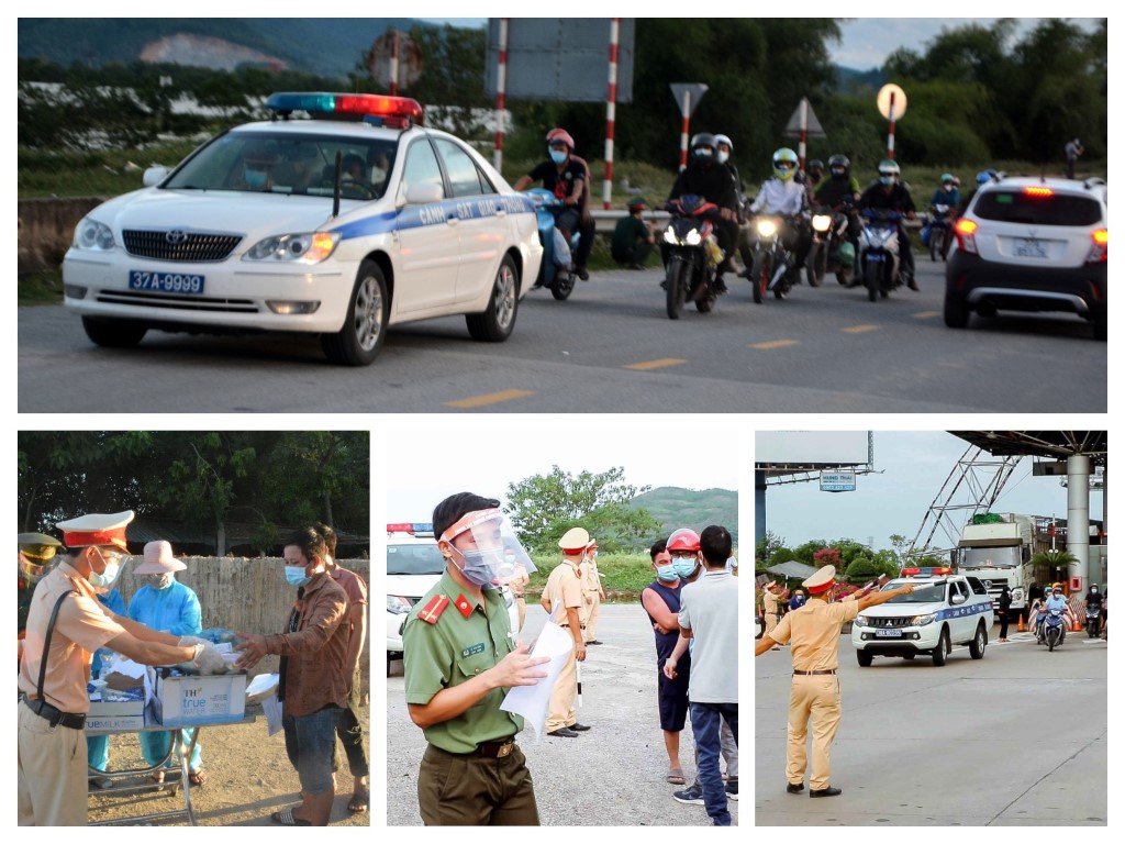 Phòng Cảnh sát giao thông và Công an thành phố Vinh phối hợp đảm bảo an toàn và hỗ trợ cho công dân đi xe máy từ miền Nam về quê