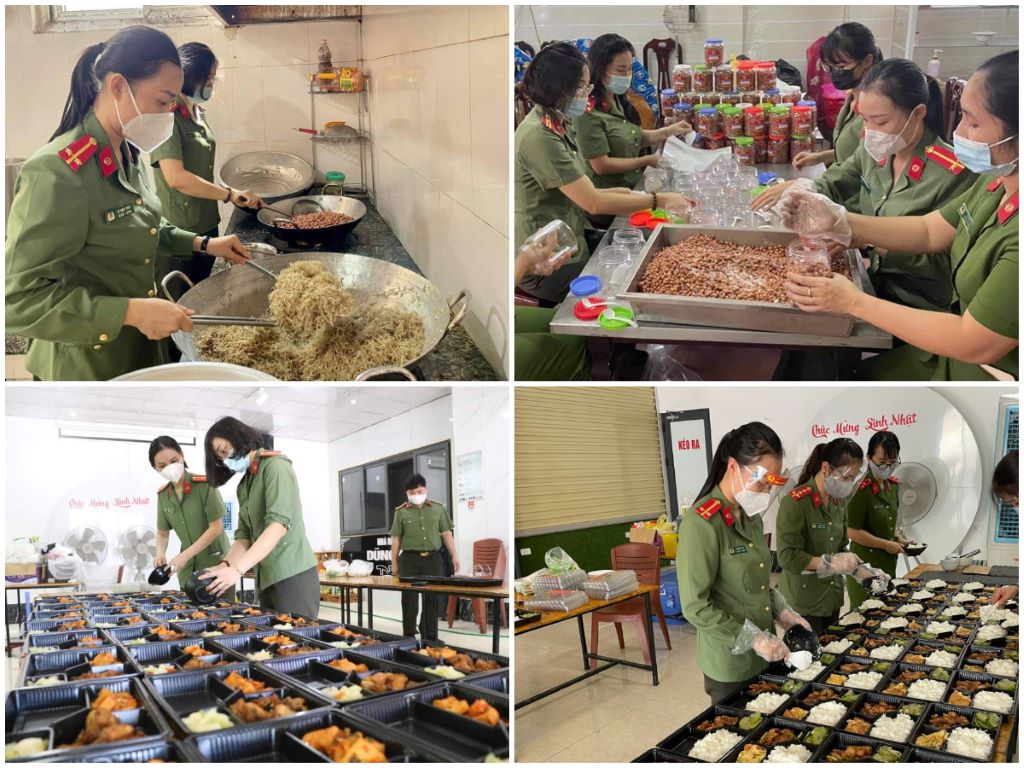 Phụ nữ Công an Nghệ An nấu cơm phục vụ các điểm chốt và gửi thực phẩm hỗ trợ Công an thành phố Hồ Chí Minh phòng, chống dịch