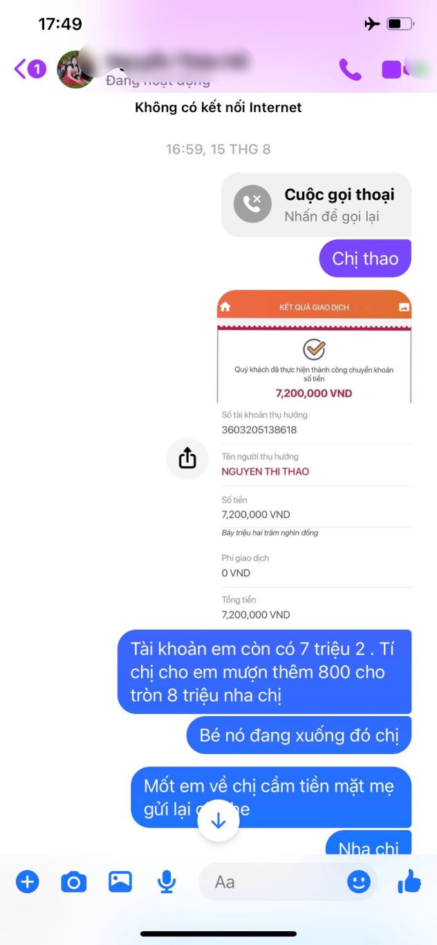 Một phần nội dung tin nhắn mà Hà lừa nạn nhân chuyển tiền (ảnh chụp màn hình)