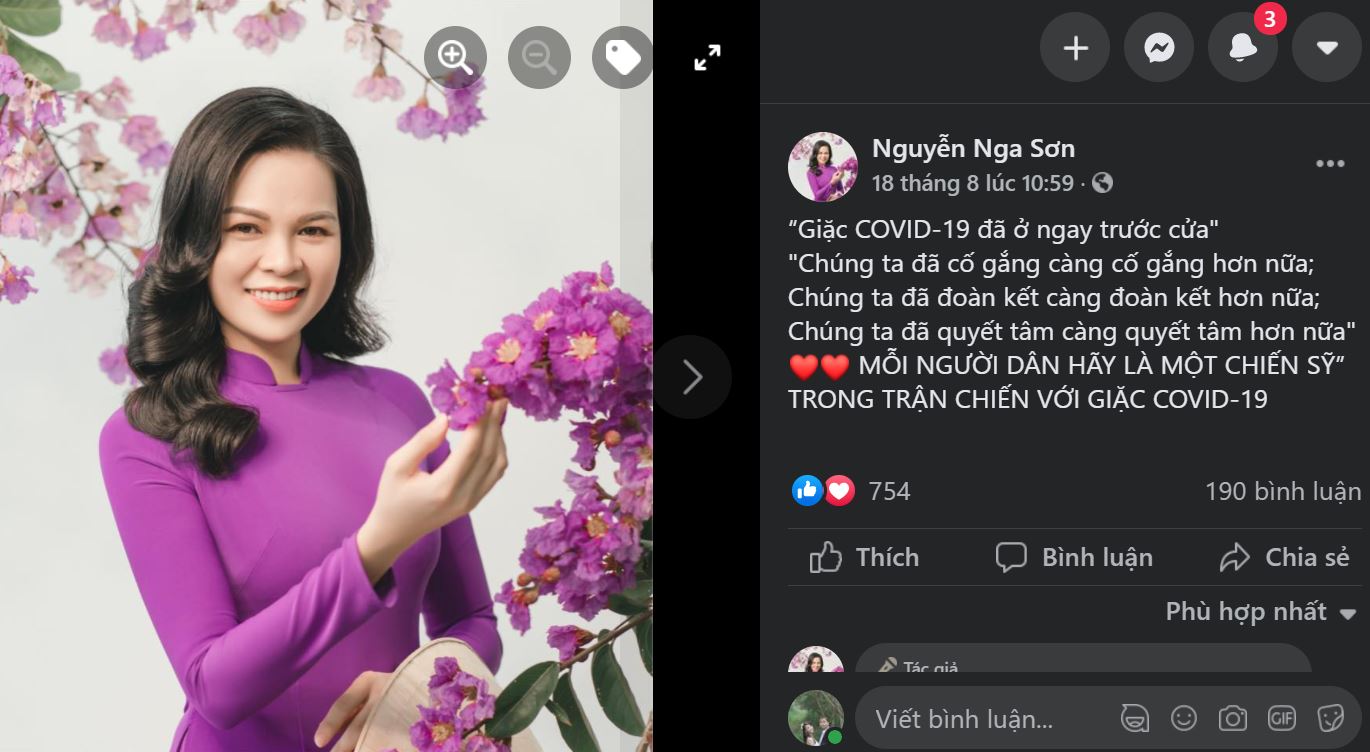 Thông điệp phòng chống dịch trên Facebook của bà Nguyễn Thị Nga Sơn - Phó bí thư thường trực Đảng ủy phường Hà Huy Tập - thành phố Vinh.