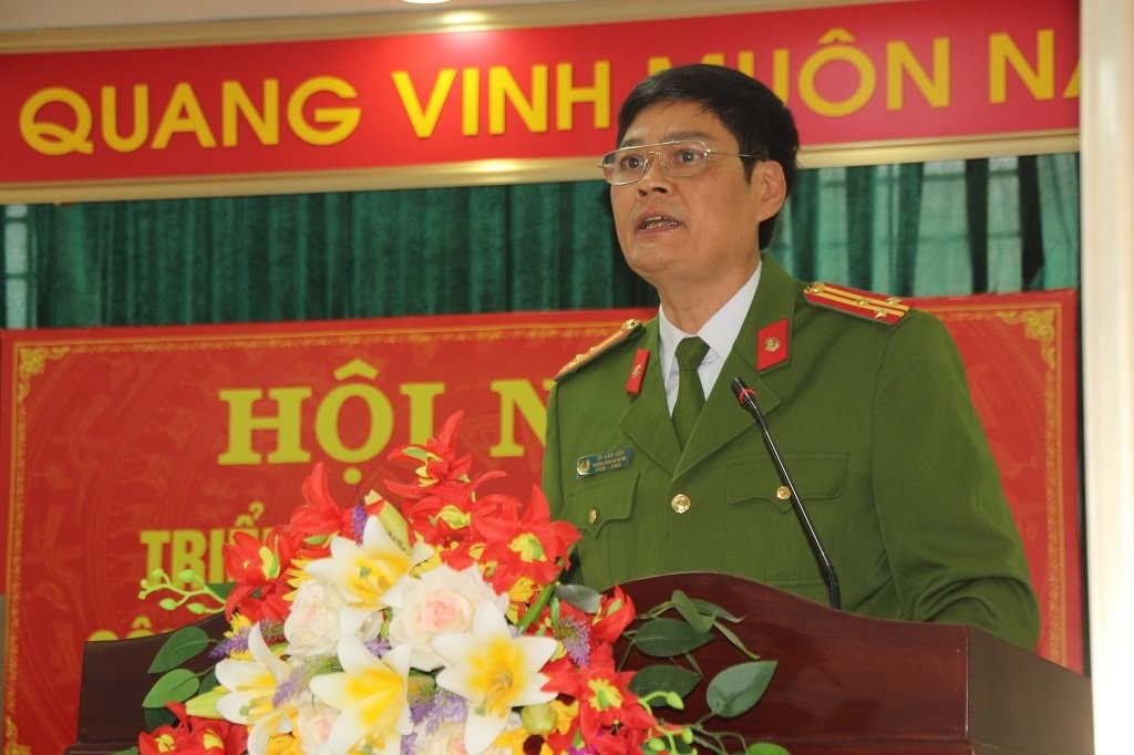 Đồng chí Thượng tá Tô Văn Hậu, Trưởng Công an huyện Kỳ Sơn phát biểu khai mạc Hội nghị 
