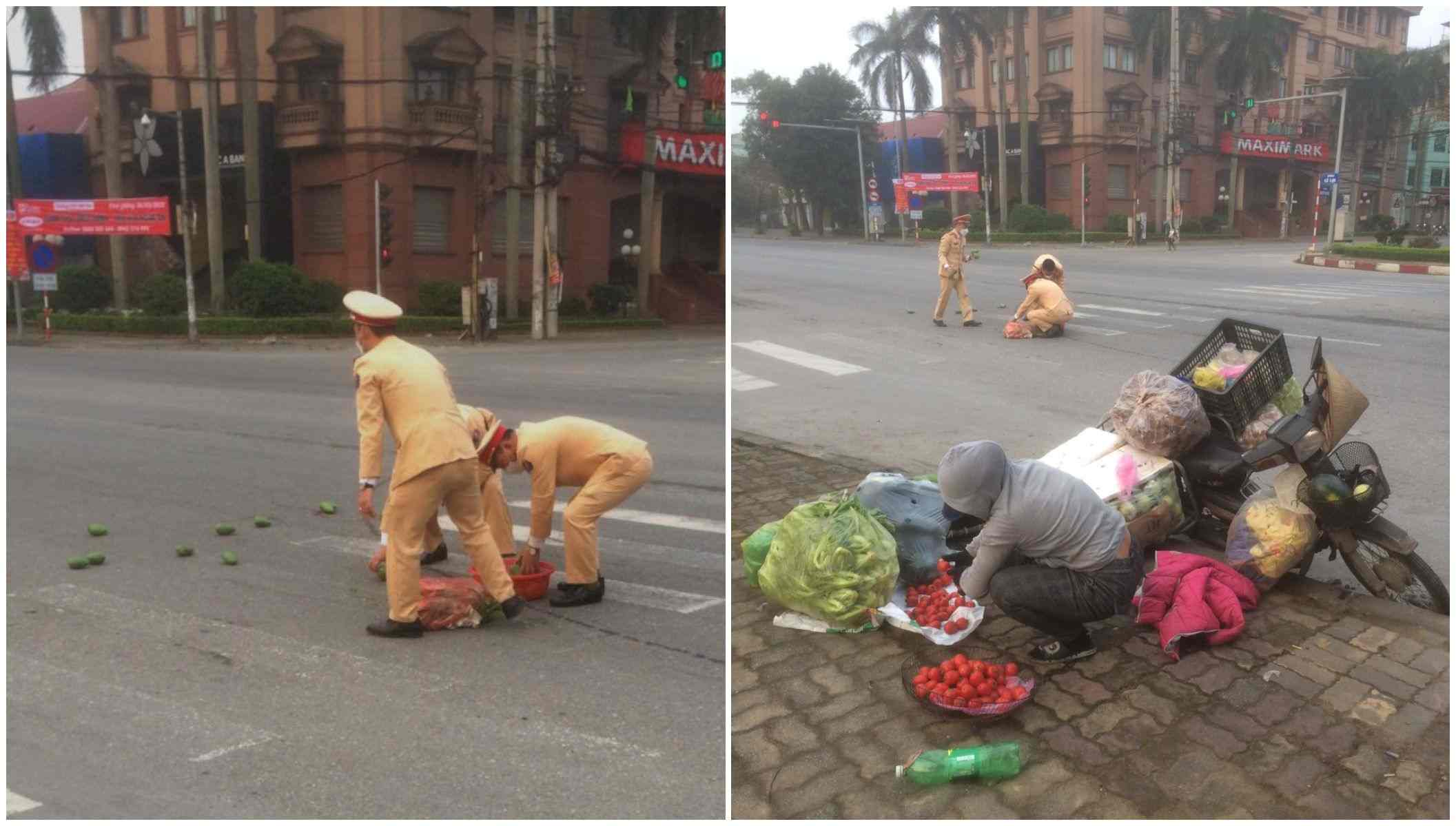 Hình ảnh cán bộ Cảnh sát giao thông Công an thành phố Vinh giúp tiểu thương thu gom nông sản được người dân chia sẻ trên mạng xã hội 