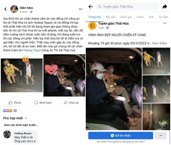 Hình ảnh Cảnh sát giao thông thị xã Thái Hòa giúp người dân bị tai nạn trong đêm được mạng xã hội chia sẻ