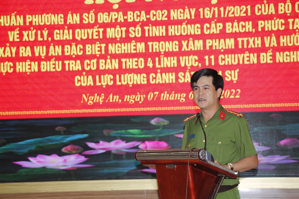 Đồng chí Đại tá Nguyễn Đức Hải, Thủ trưởng Cơ quan Cảnh sát điều tra, Phó Giám đốc Công an tỉnh phát biểu chỉ đạo Hội nghị