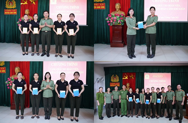 Đại diện Công Đoàn, Hội phụ nữ Công an tỉnh trao tặng nhiều phần quà thiết thực đến các hội viên có hoàn cảnh khó khăn tại Công an huyện Anh Sơn