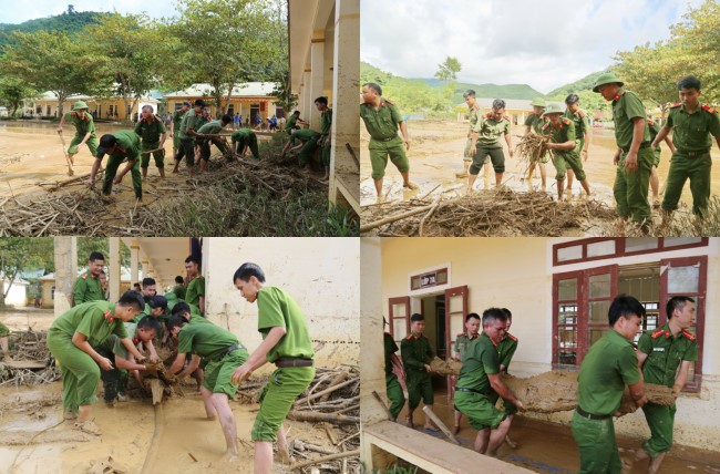 Đoàn viên thanh niên Công an tỉnh Nghệ An giúp đỡ, dọn vệ sinh trường học tại huyện Tương Dương sau trận lũ quét xảy ra vào năm 2019