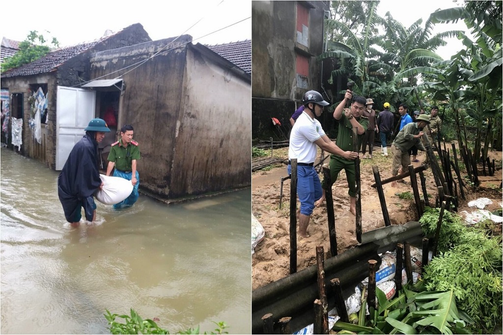 Cán bộ, chiến sĩ Công an thị xã Hoàng Mai giúp đỡ Nhân dân khắc phục hậu quả mưa lũ trong sáng 30/9/2022