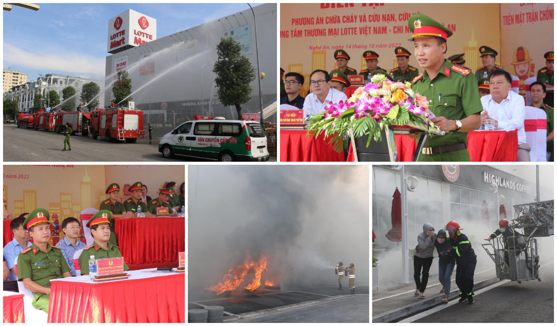 Diễn tập phương án chữa cháy và cứu nạn cứu hộ cấp tỉnh tại Trung tâm thương mại Lotte Vinh