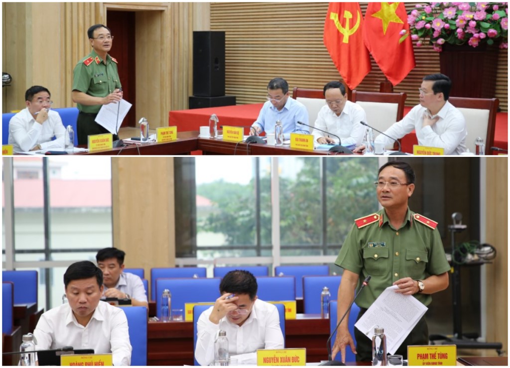 Đồng chí Thiếu tướng Phạm Thế Tùng, Ủy viên Ban Thường vụ Tỉnh ủy, Giám đốc Công an tỉnh phát biểu tại phiên họp