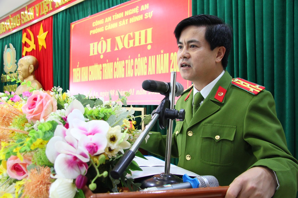 Đồng chí Đại tá Nguyễn Đức Hải - Phó Giám đốc Công an tỉnh phát biểu chỉ đạo tại Hội nghị