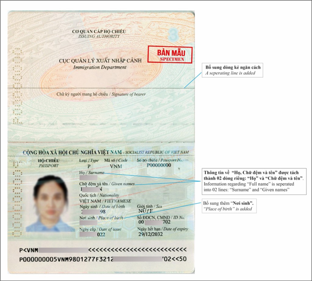 Bổ sung thông tin “nơi sinh” vào hộ chiếu cấp cho công dân Việt Nam.