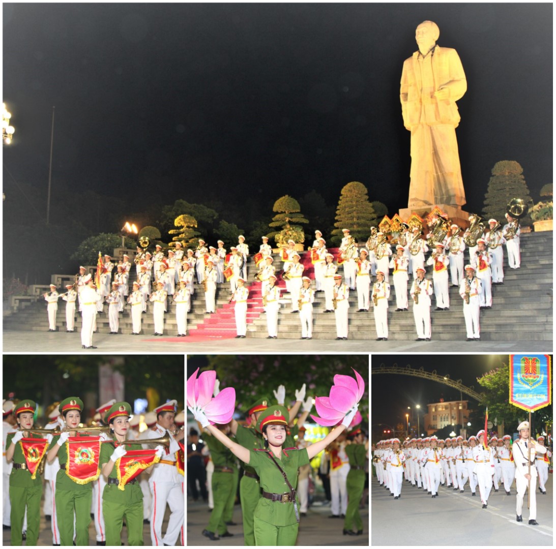 Đoàn quân nhạc Công an nhân dân biểu diễn tại Quảng trường Hồ Chí Minh, thành phố Vinh, Nghệ An