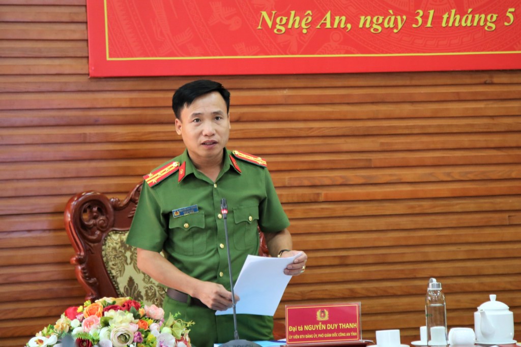 Đồng chí Đại tá Nguyễn Duy Thanh, Phó Giám đốc Công an tỉnh phát biểu chỉ đạo Hội nghị