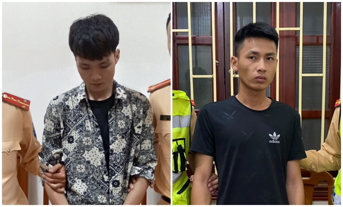 Đối tượng Đặng Ngọc Tài (trái) và Đặng Trọng Trường bị Trạm CSGT Diễn Châu bắt quả tang về hành vi tàng trữ trái phép chất ma túy