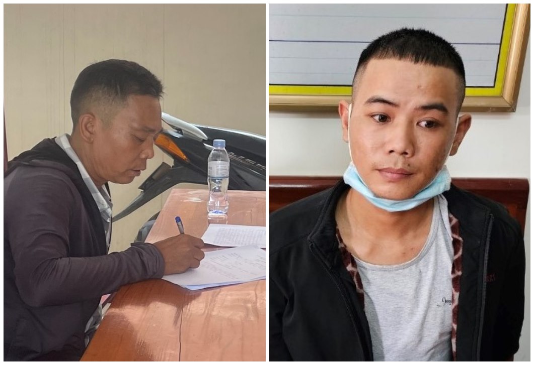 Đối tượng Nguyễn Đức Cao (phải) và Nguyễn Gia Chính bị Đội CSGT đường bộ số 2 (Phòng CSGT) bắt quả tang tại huyện Đô Lương về hành vi tàng trữ trái phép chất ma túy