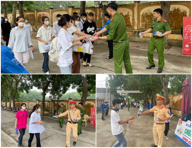 Công an huyện Tân Kỳ phát miễn phí nước tới các thí sinh và người nhà tại các điểm thi