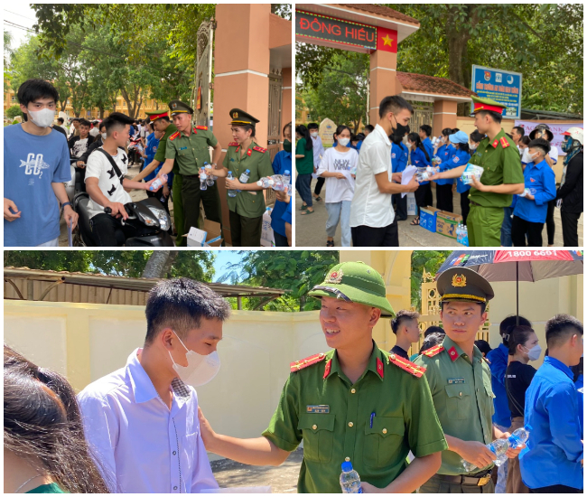 Công an thị xã Thái Hòa hỗ trợ nước uống, sữa và động viên các thí sinh trước và sau phần thi