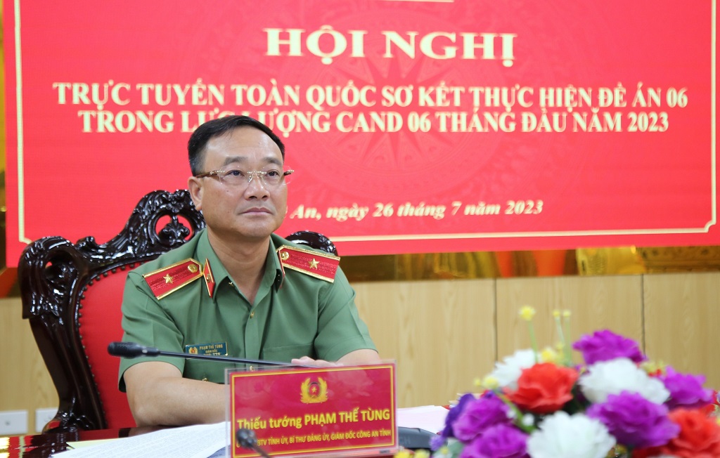 Tại điểm cầu Công an Nghệ An, đồng chí Thiếu tướng Phạm Thế Tùng - Giám đốc Công an tỉnh chủ trì Hội nghị