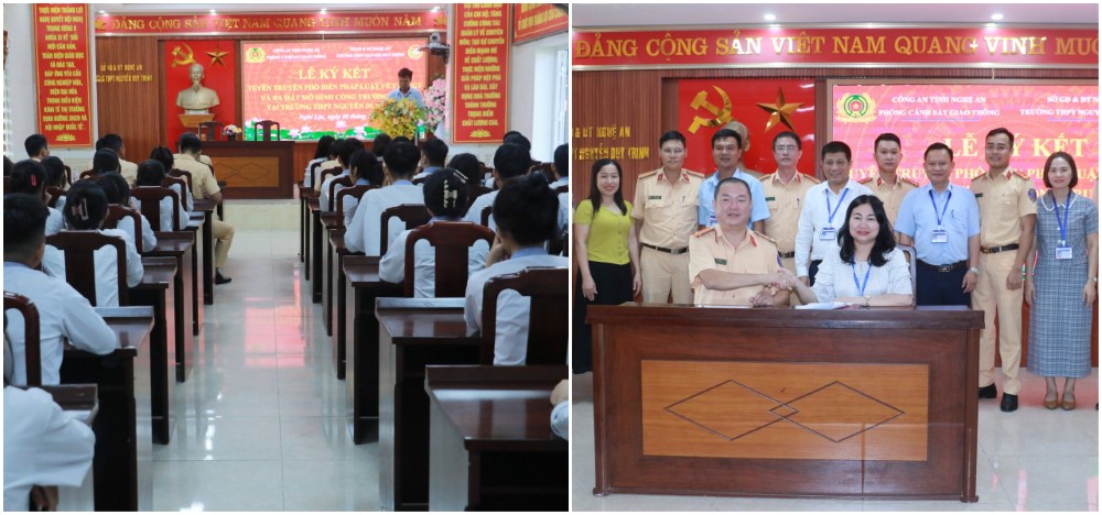 Đại diện Phòng CSGT Công an tỉnh và trường THPT Nguyễn Duy Trinh ký cam kết xây dựng cổng trường an toàn