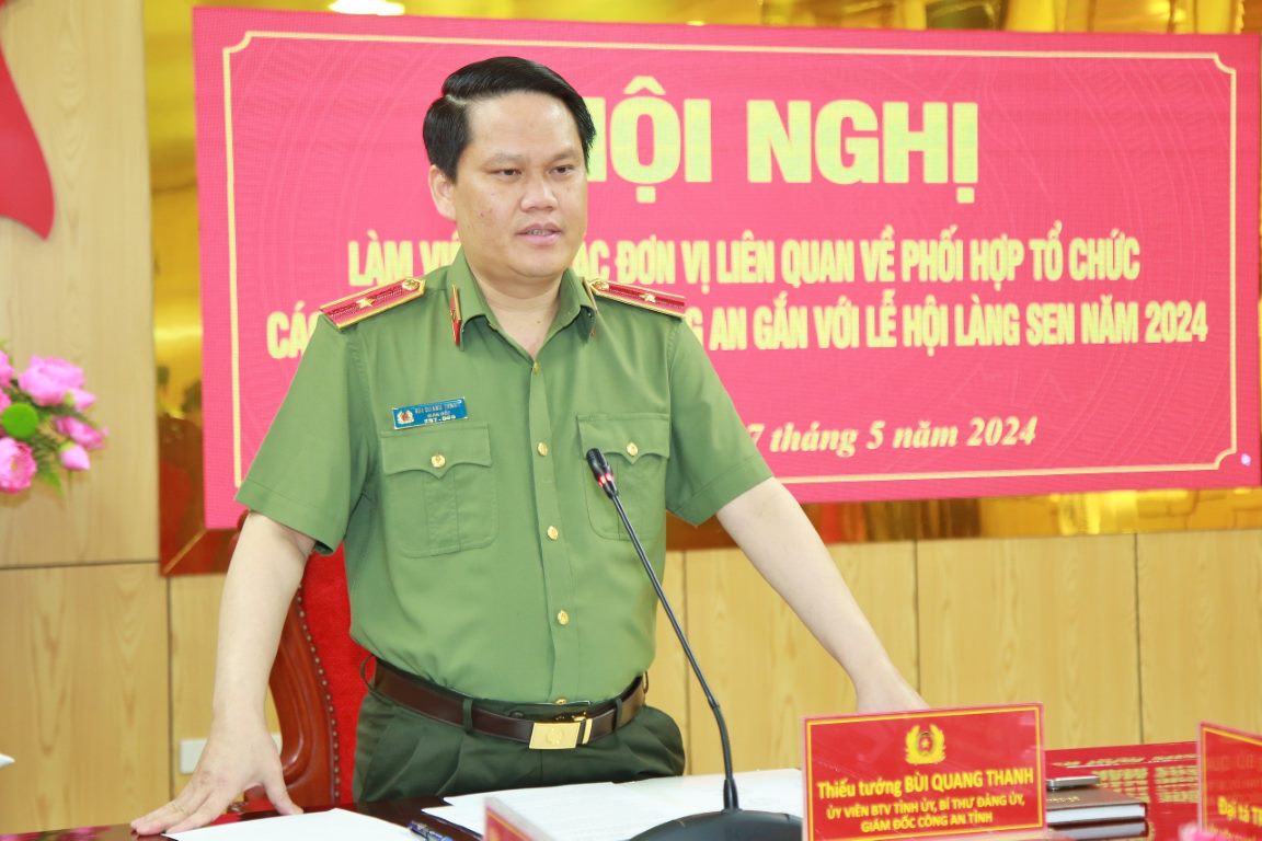 Đồng chí Thiếu tướng Bùi Quang Thanh, Ủy viên Ban Thường vụ Tỉnh ủy, Giám đốc Công an tỉnh phát biểu chỉ đạo tại Hội nghị