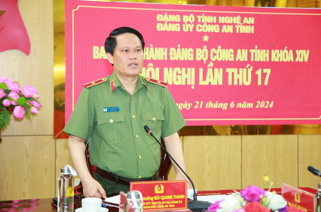 Đồng chí Thiếu tướng Bùi Quang Thanh, Ủy viên Ban Thường vụ Tỉnh ủy, Bí thư Đảng ủy, Giám đốc Công an tỉnh phát biểu chỉ đạo Hội nghị