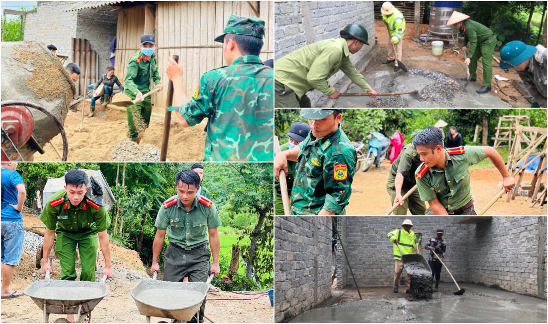 Cán bộ, chiến sỹ Công an huyện Con Cuông thực hiện các công đoạn xây dựng nhà ở cho hộ nghèo ở xã Mậu Đức