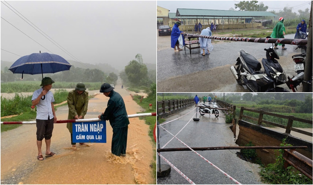 Công an huyện Anh Sơn lập rào chắn cảnh báo, ngăn không cho Nhân dân đi vào các khu vực nguy hiểm 