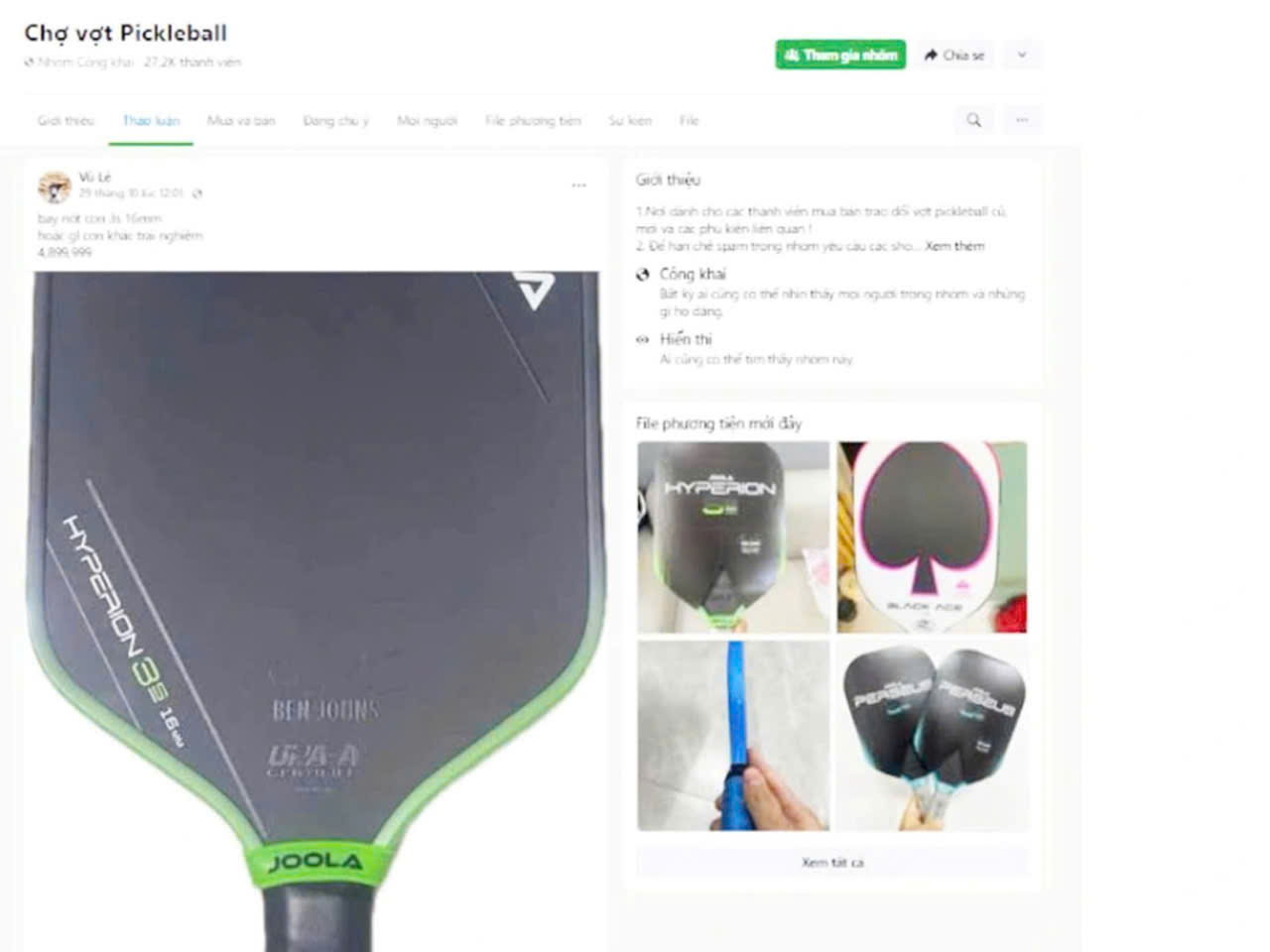 Bài đăng lừa đảo trao đổi vợt Pickleball của đối tượng Lê Văn Hoàng Vũ trên một hội nhóm Facebook