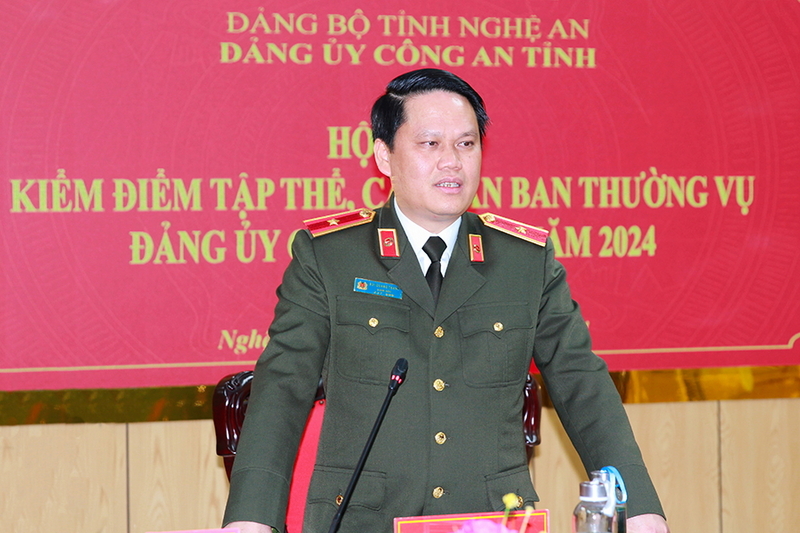 Đồng chí Thiếu tướng Bùi Quang Thanh, Ủy viên Ban Thường vụ Tỉnh ủy, Bí thư Đảng ủy, Giám đốc Công an tỉnh phát biểu tại Hội nghị