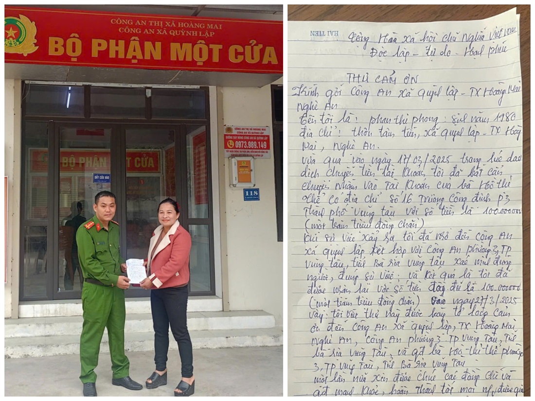Chị Phan Thị Phong viết thư cảm ơn Công an xã Quỳnh Lập 
