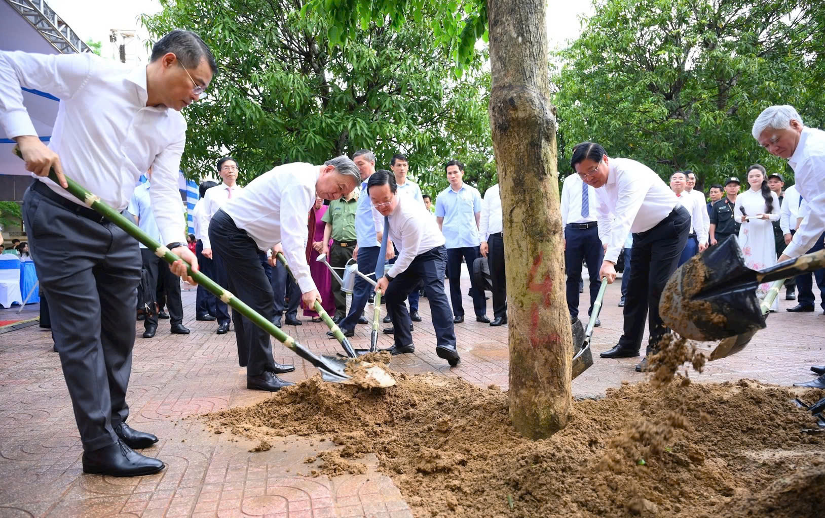 Đồng chí Tổng Bí thư Tô Lâm cùng các đại biểu Trung ương và tỉnh Nghệ An trồng cây lưu niệm tại Trường THPT Kim Liên