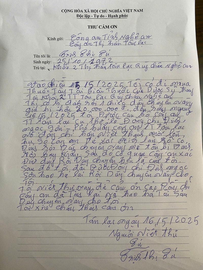 Thư cảm ơn của bà Tú gửi đến Công an trấn Tân Lạc, huyện Qùy Châu