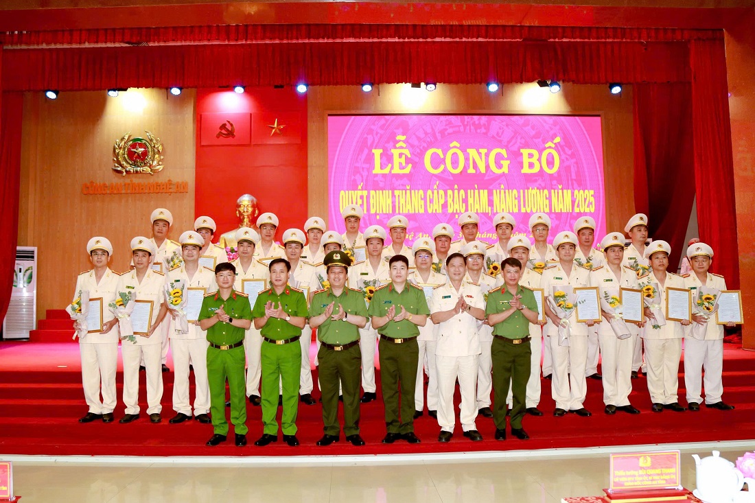 Các đồng chí trong Ban Thường vụ Đảng ủy, Lãnh đạo Công an tỉnh chúc mừng các đồng chí được thăng cấp bậc hàm, nâng lương 
