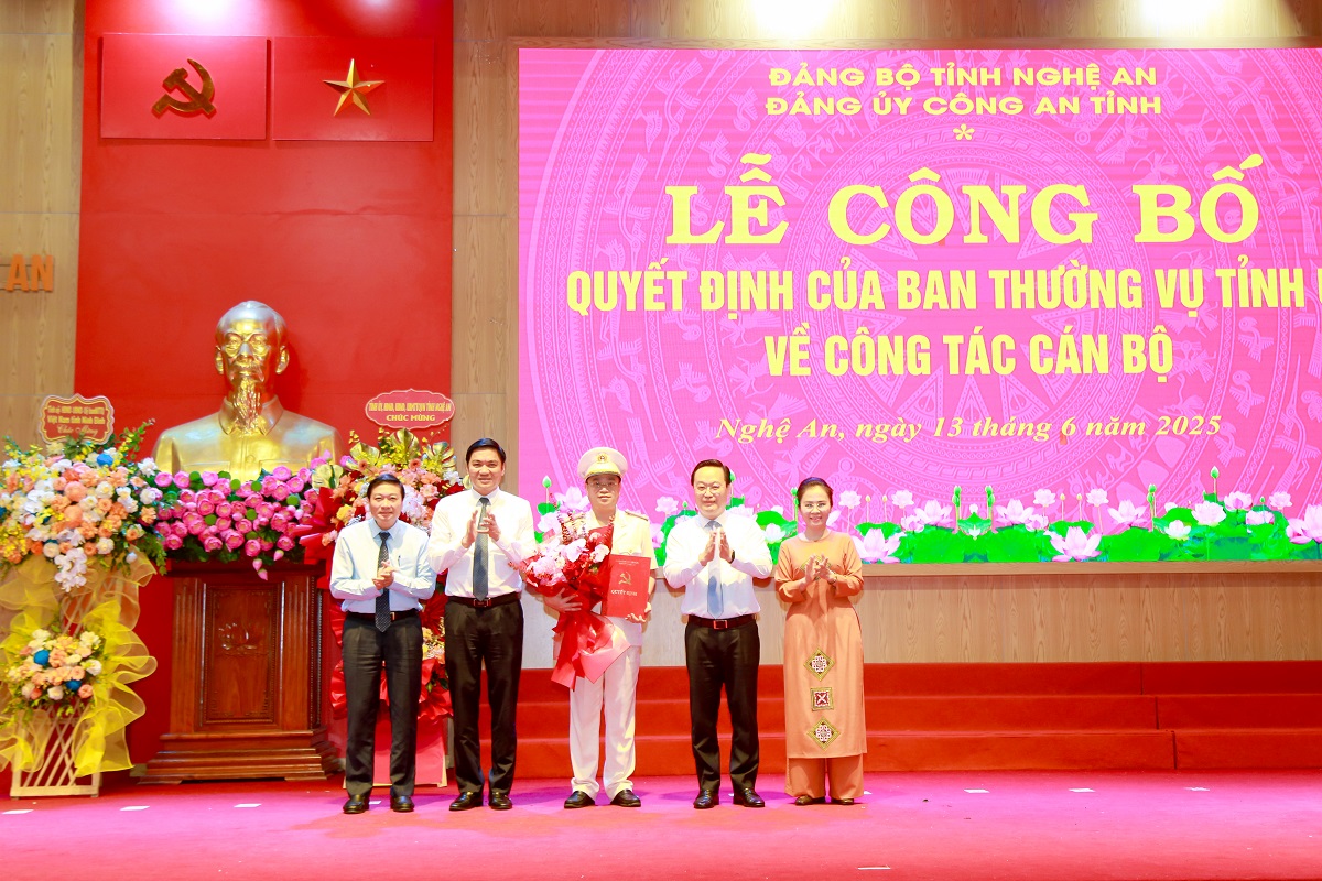 Các đồng chí  trongThường trực Tỉnh ủy chụp ảnh lưu niệm với đồng chí Đại tá Đinh Việt Dũng, tân Bí thư Đảng ủy, Giám đốc Công an tỉnh