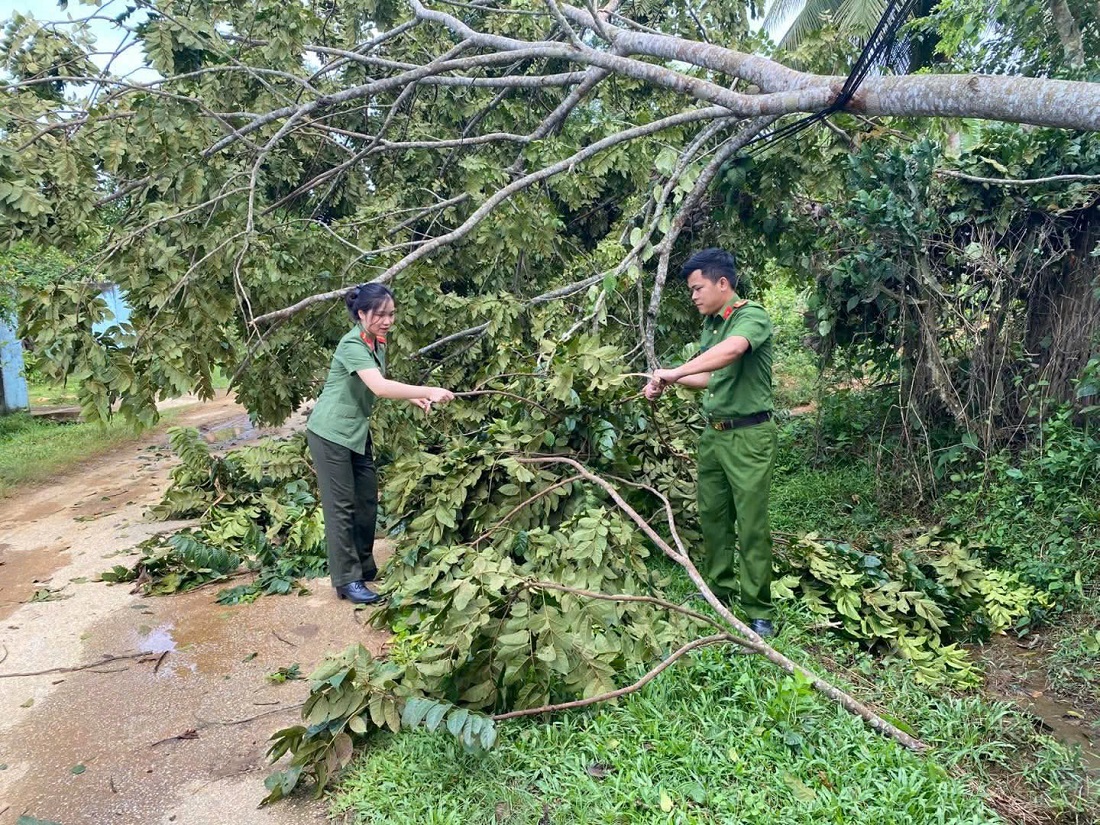 Công an xã Châu Bình hỗ trợ một số hộ dân khẩn trương khắc phục hậu quả do dông lốc, mưa lớn và dọn dẹp cây cối gãy đổ