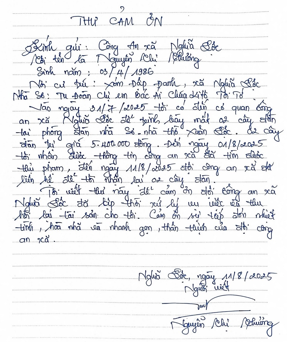 Thư cảm ơn được các sơ nhà thờ giáo xứ Xuân Lộc gửi tới Công an xã Nghĩa Lộc