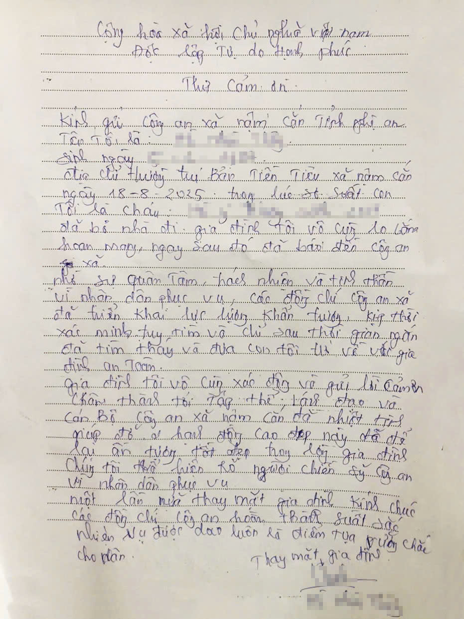 Gia đình cháu H. viết thư cảm ơn Công an xã Nậm Cắn