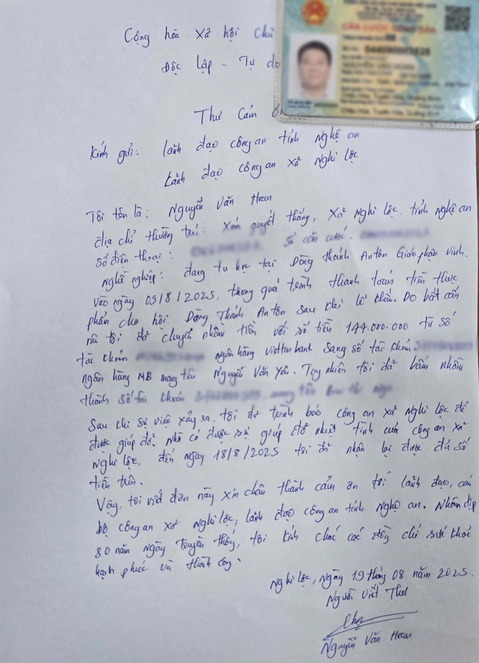 Thư cảm ơn được anh Hoan gửi tới Công an xã Nghi Lộc