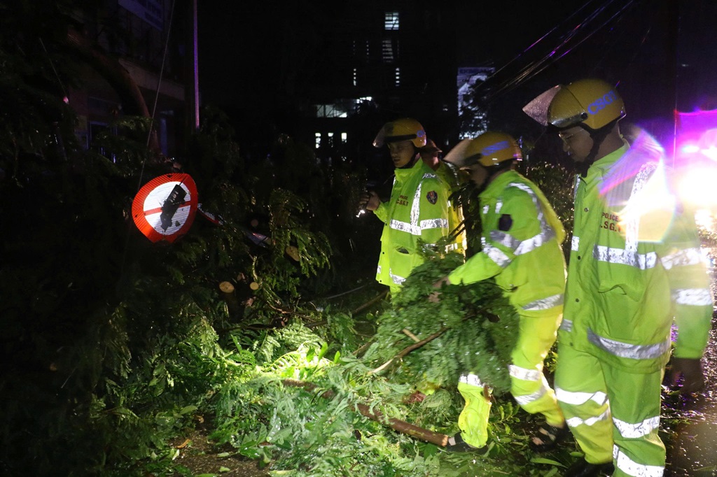 Ngay trong đêm, lực lượng CSGT phối hợp với các lực lượng cắt cây bị đổ giúp người dân đi lại an toàn