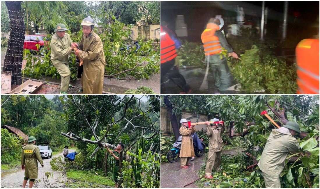 Lực lượng Công an phối hợp dọn dẹp cây cối bị gãy đổ