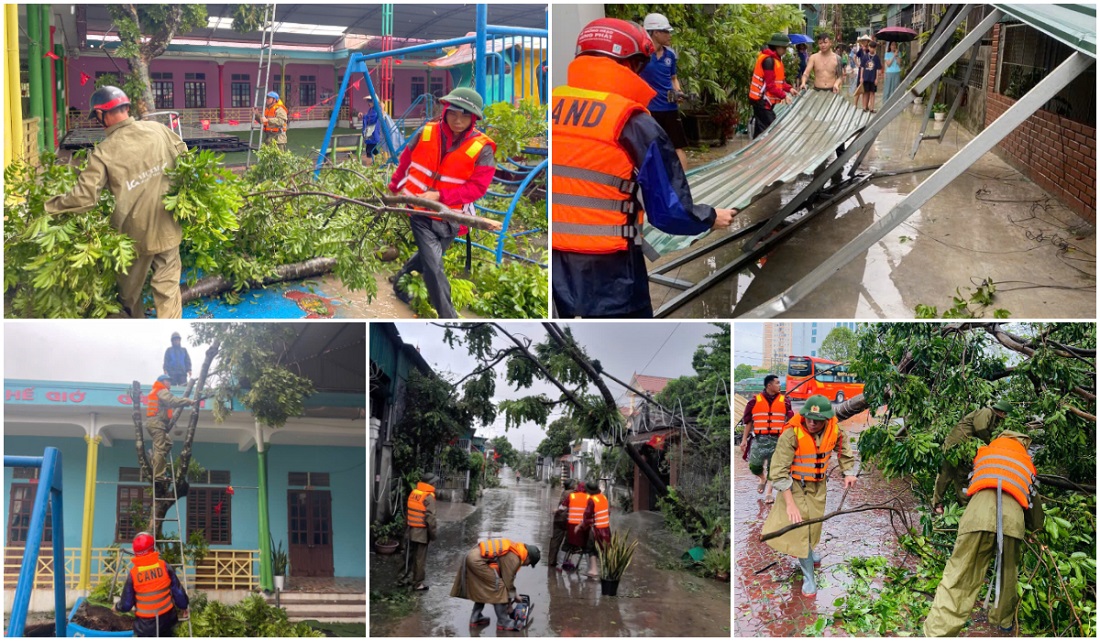 Công an phường Hoàng Mai dọn dẹp cây xanh và hỗ trợ người dân thu dọn mái tôn bị gió bão cuốn hư hỏng