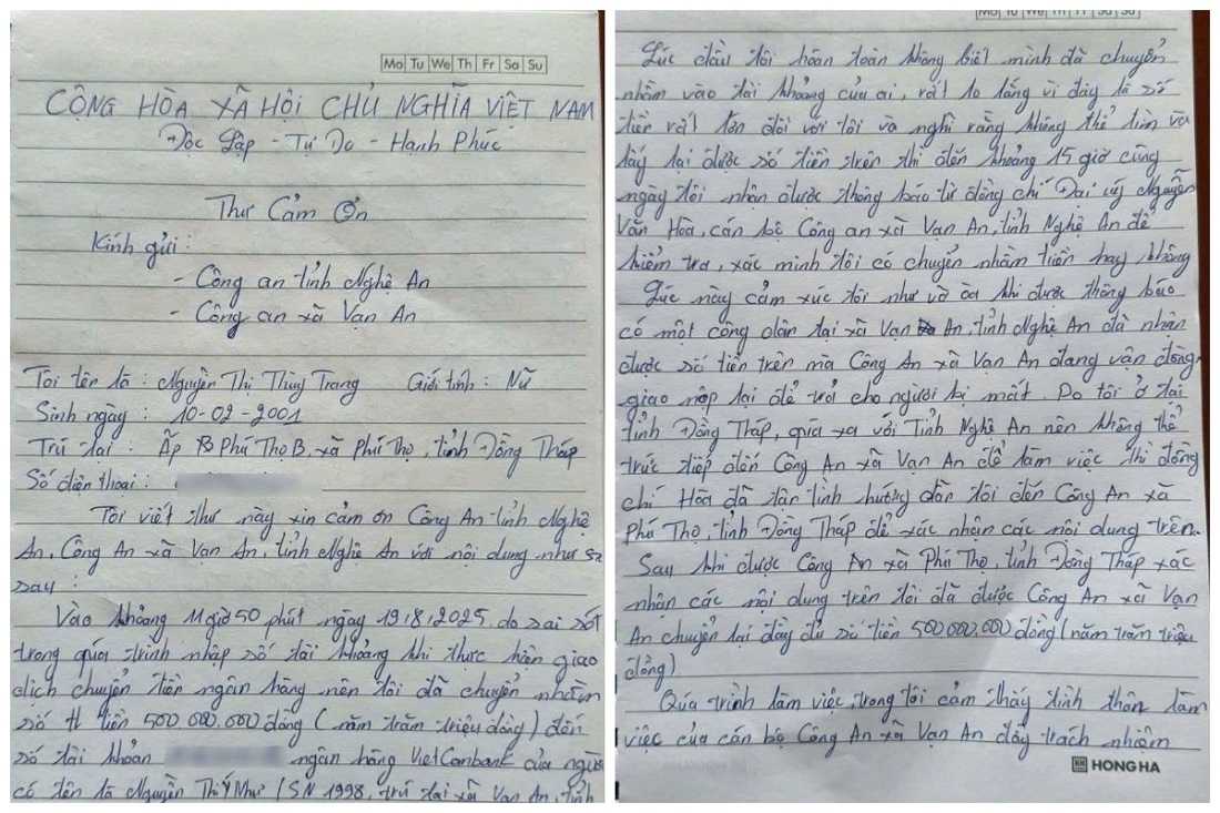 Thư cảm ơn được chị Trang gửi tới Công an xã Vạn An