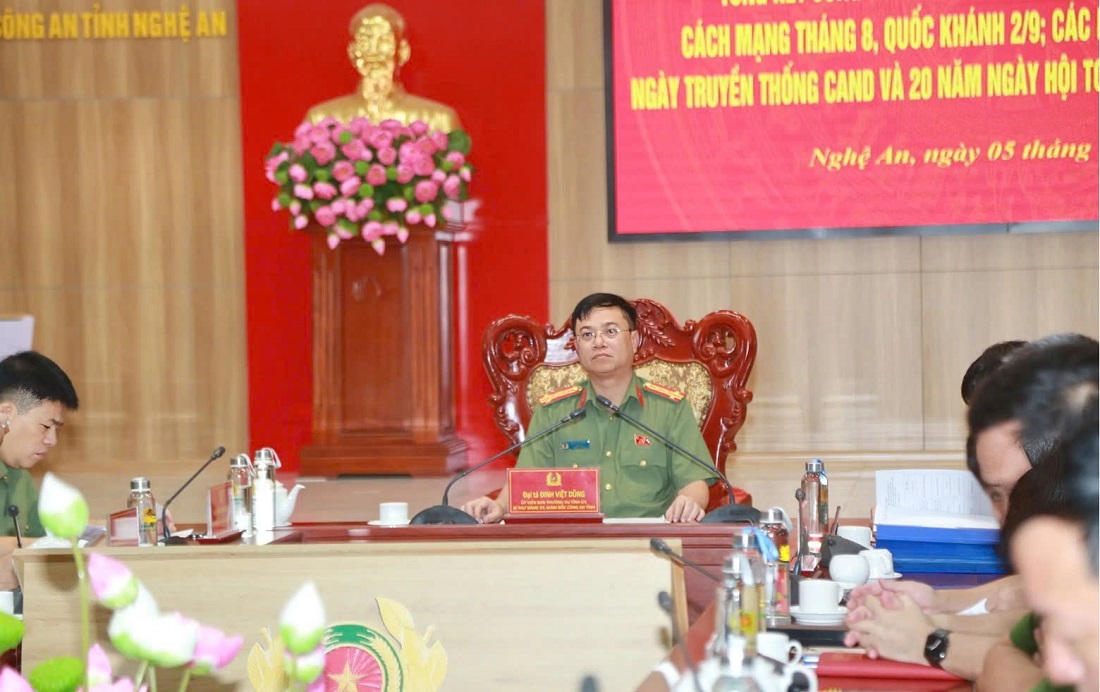 đồng chí Đại tá Đinh Việt Dũng, Ủy viên Ban Thường vụ Tỉnh ủy, Bí thư Đảng ủy, Giám đốc Công an tỉnh chủ trì Hôi nghị tại điểm cầu Công an tỉnh Nghệ An
