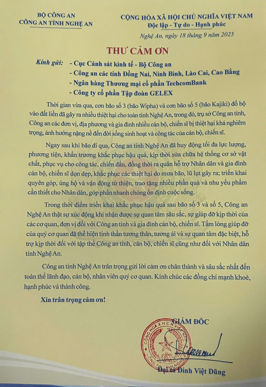 Thư cảm ơn của Công an tỉnh Nghệ An gửi các đơn vị