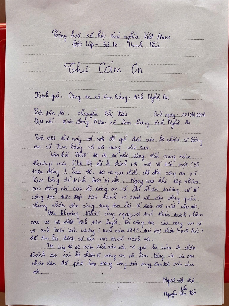 Chị Kiều viết thư cảm ơn cán bộ, chiến sỹ Công an xã Kim Bảng