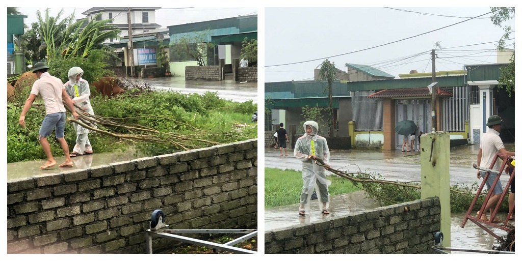 Công an xã Đông Thành phối hợp cùng các lực lượng hỗ trợ người dân khắc phục hậu quả do cơn bão số 10 gây ra
