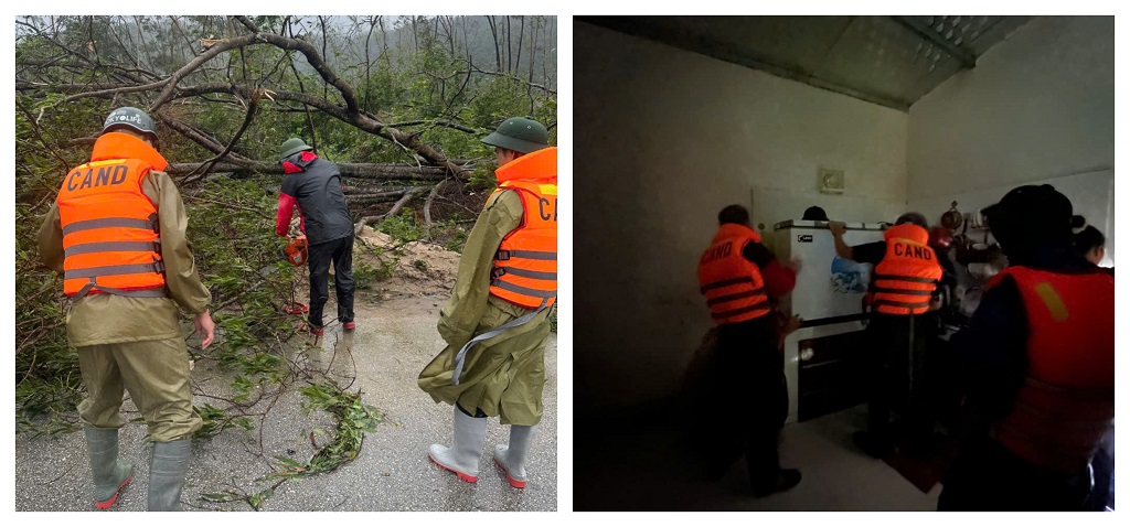 Công an xã Hoàng Mai cùng các lực lượng hỗ trợ người dân khắc phục hậu quả cơn bão số 10 gây ra